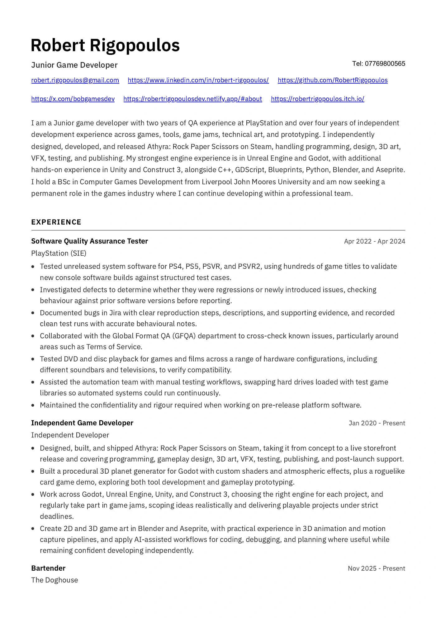 CV page 1: profile and work experience