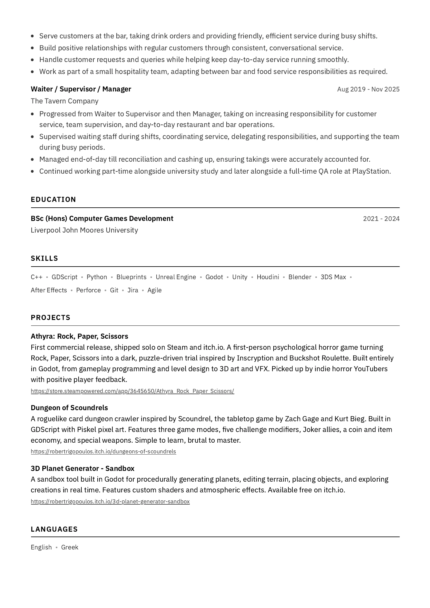 CV page 2: education, skills and projects