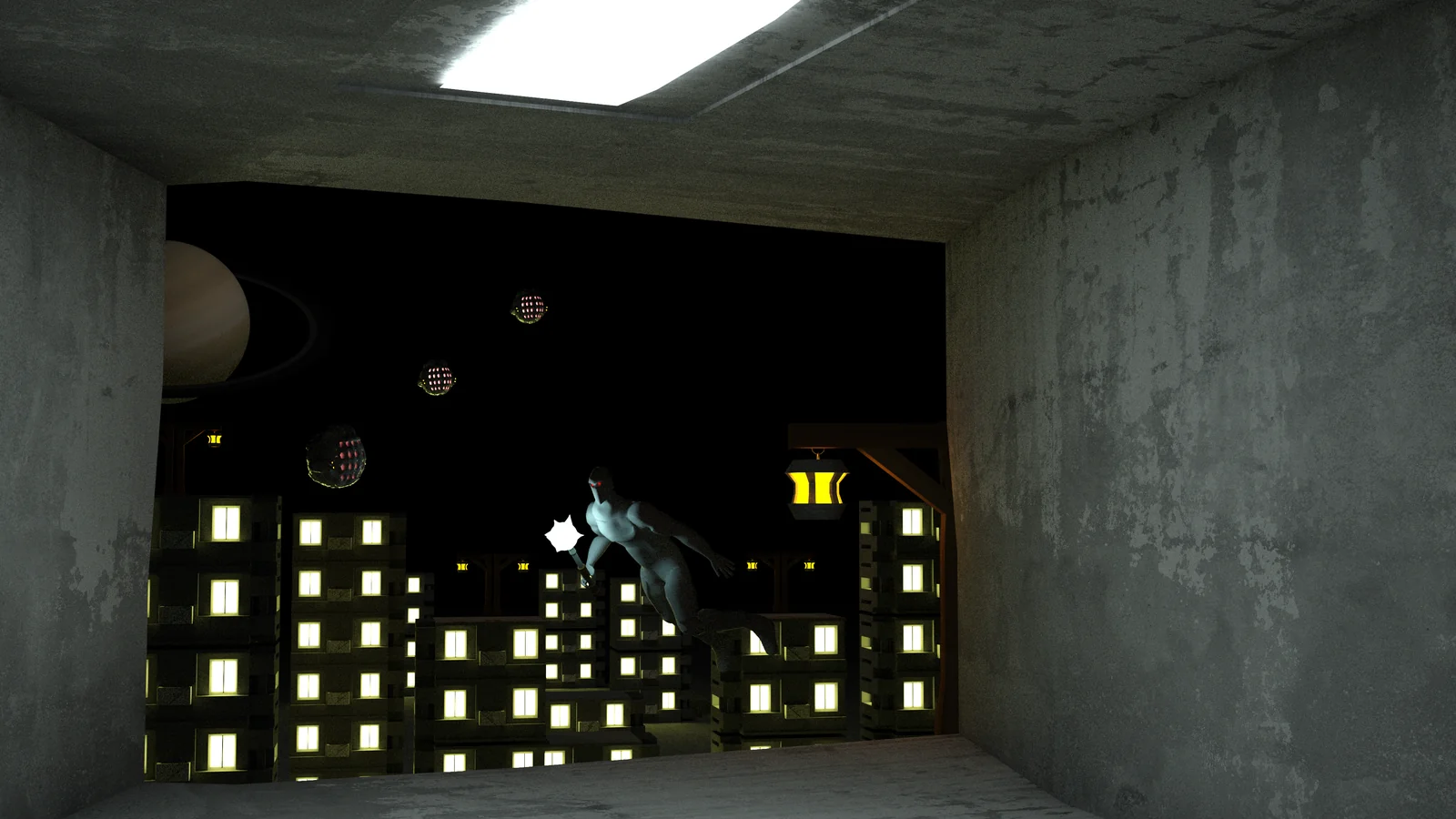 Concrete interior looking out over a city at night