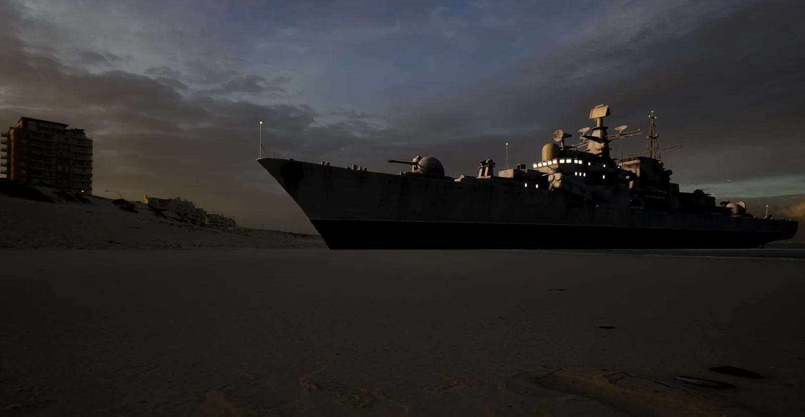 A ship beside a dark coastline