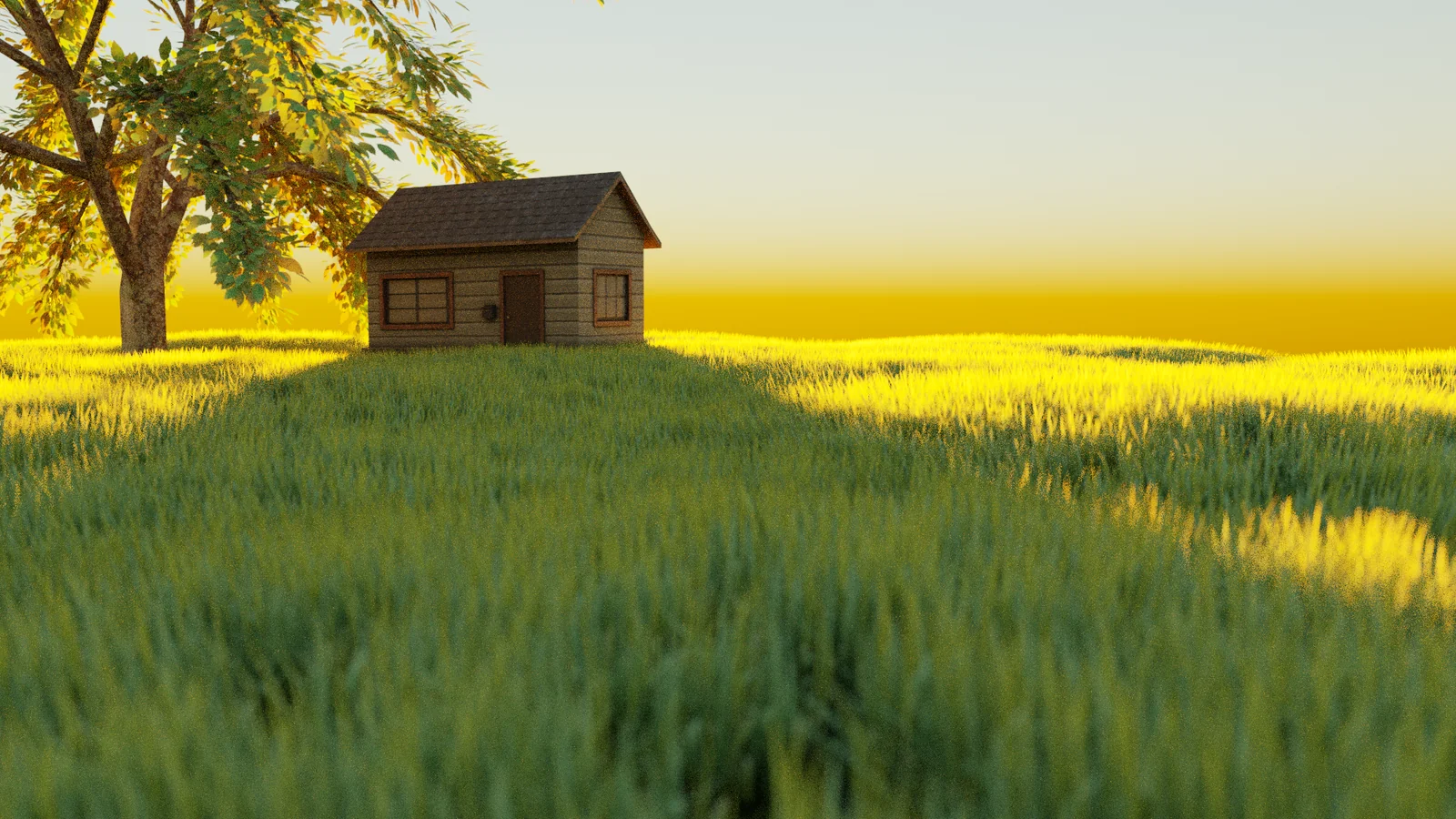 A wooden house in a sunlit field