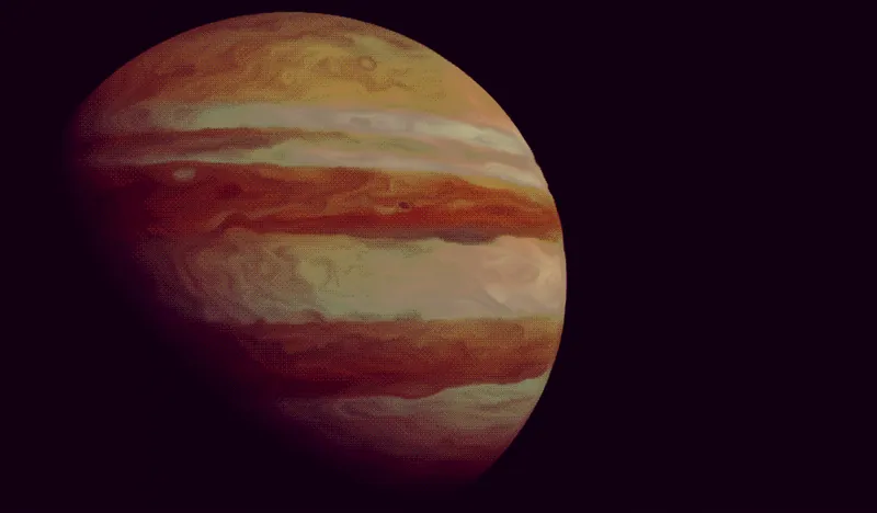 An ochre planet against a dark purple background